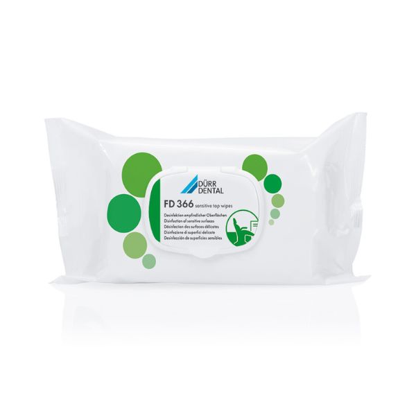 Durr Dental FD 366 Sensitive Top Wipes for disinfection of sensitive surfaces such as acrylic glass, plastics, and vinyl upholstery in dental clinics and hospitals