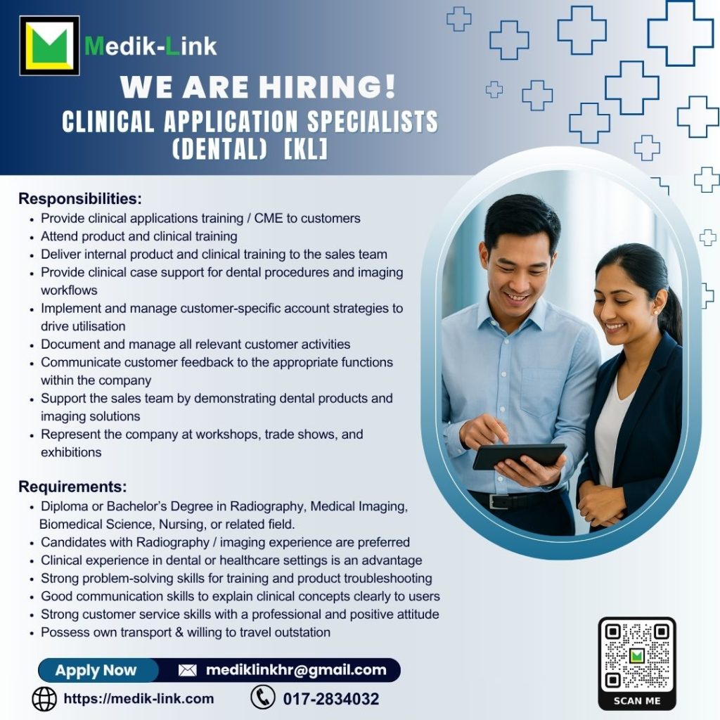 Hiring Clinical Application Specialist (Dental) in KL. Support dental imaging systems, provide training, and work with clinics and healthcare teams.